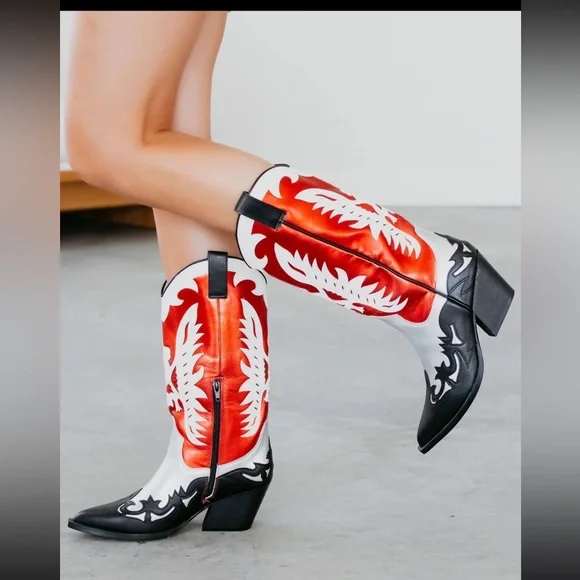 Mi.iM Western Midi Boots Size 10 Pointed Toe Red Silver Black Block Heel NEW - Picture 1 of 8